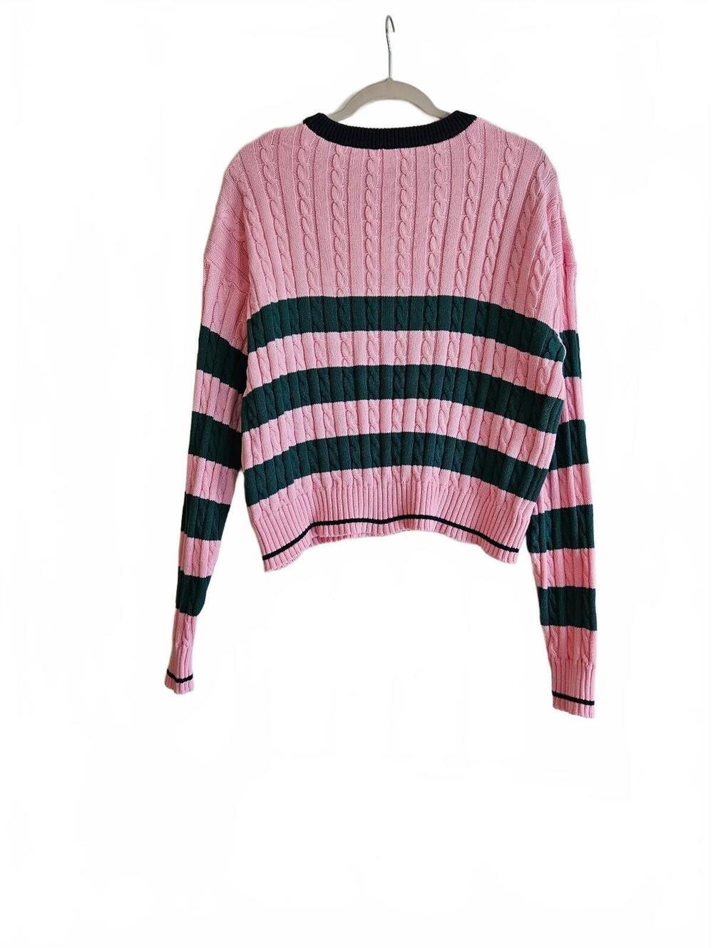 All In Motion Pink and Green Striped Cropped Cable Knit Pullover Sweater-Medium - Picture 2 of 7